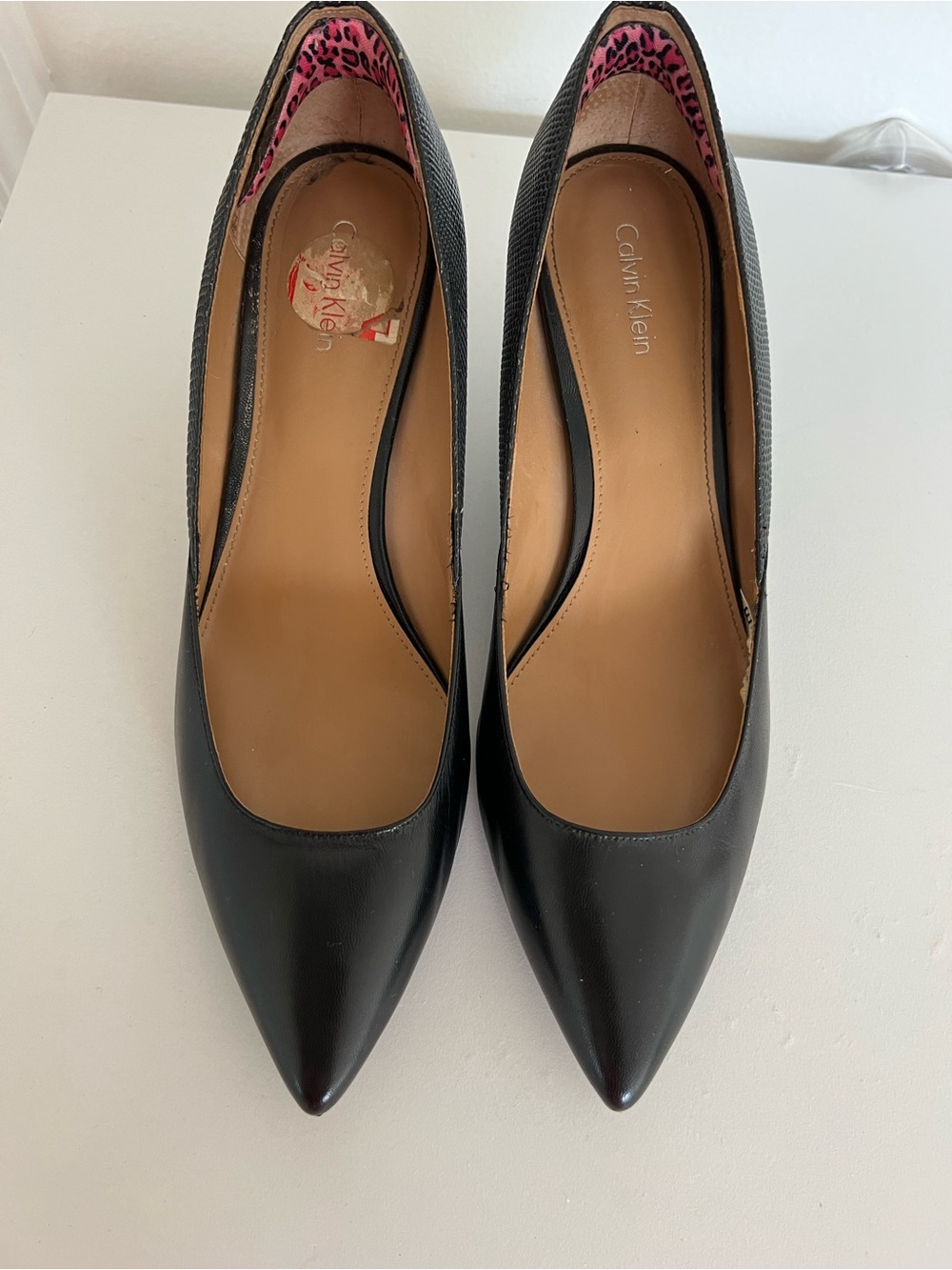Calvin Klein Black Pointed Leather Pumps with Pink Leopard Lining
